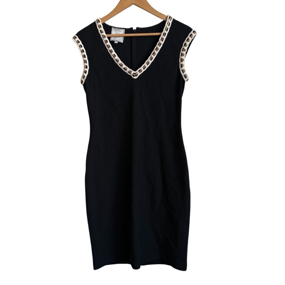 St. John Couture Black Sheath Dress with Chain Trim Size 6